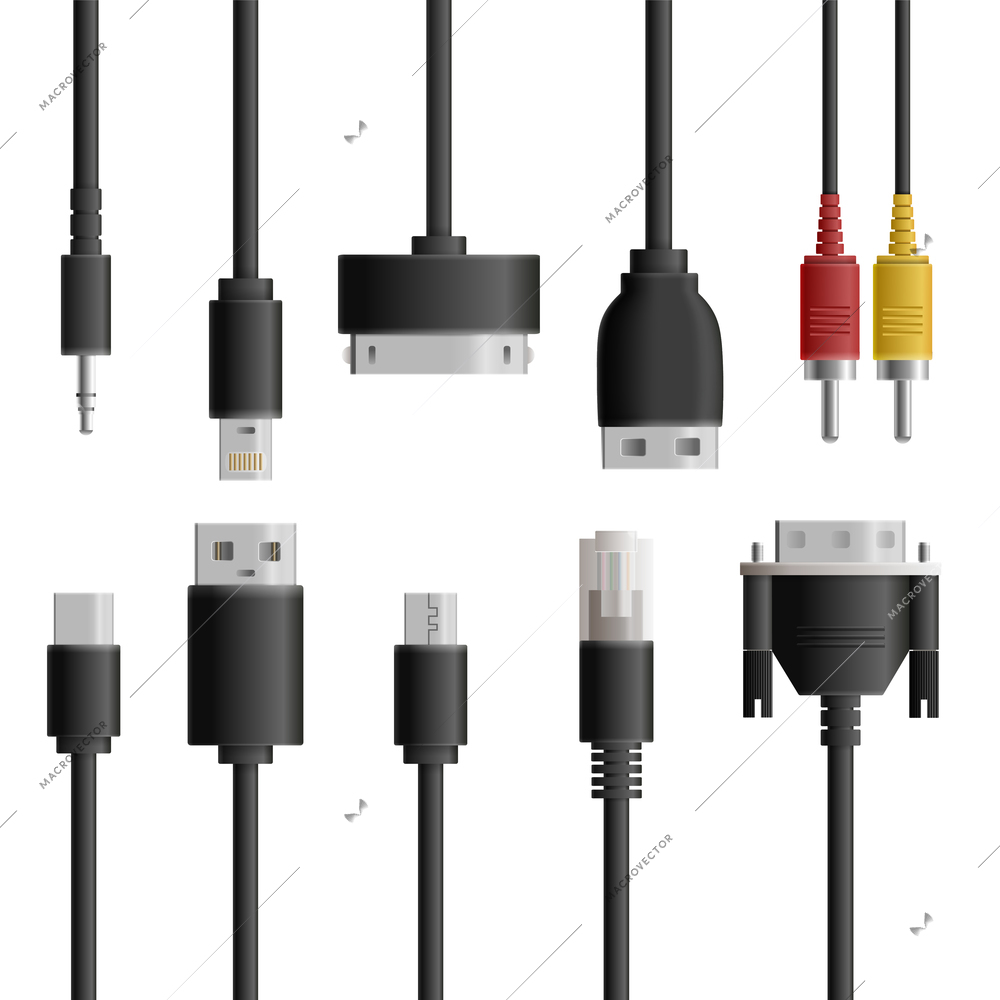Set of realistic cable connectors types with isolated images of various cable connectors on blank background vector illustration